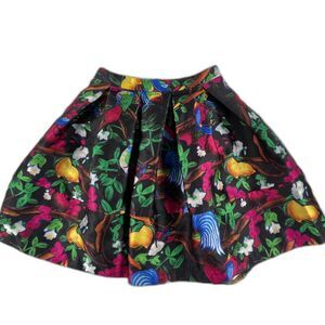 CC & DD Bird Print A-Line Skirt Pleated Jacquard Lining Tropical Size 26 2 or 4